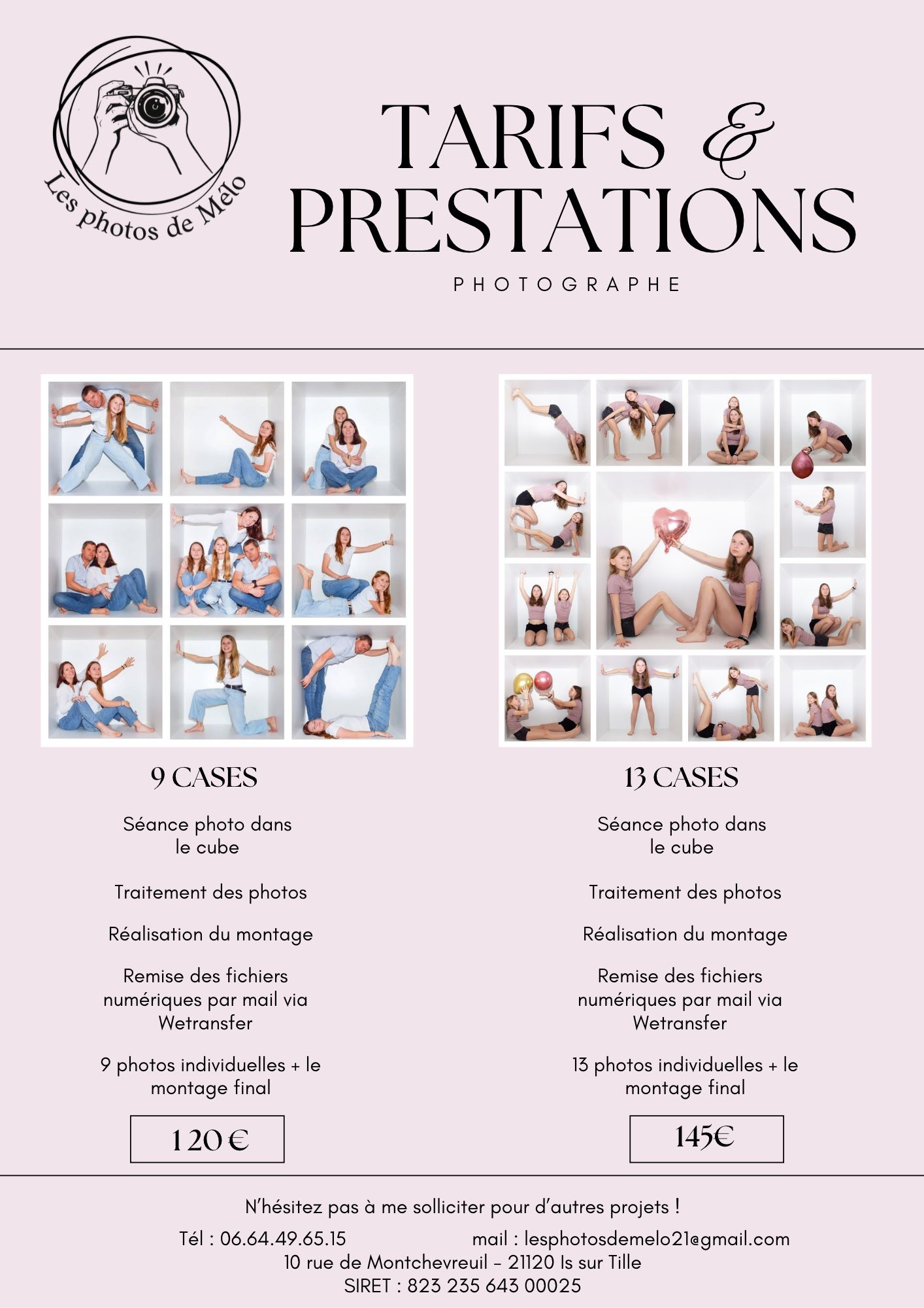 Tarifs et prestations Les Photos de Mélo : 9 cases 120 euros et 13 cases 145 euros